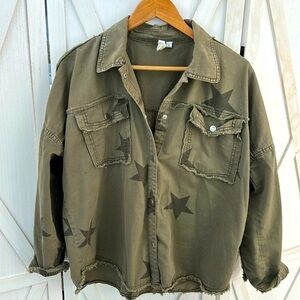 Elan Green Cotton Shirt Jacket Shacket w/ Stars